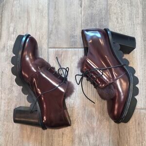 AGL Rolo Fur Trim Leather Oxford Pumps EU 38 Maroon Chunky Heel Made in Italy